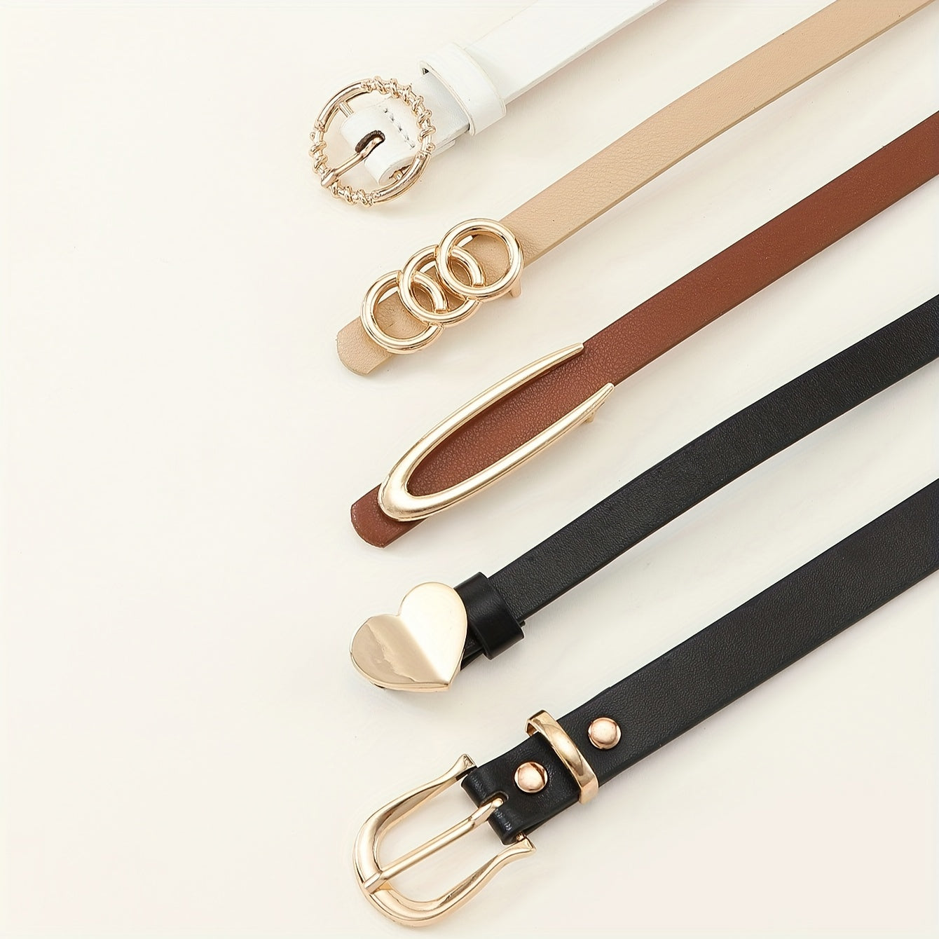 Set of 5 Women's PU Leather Belts with Heart and Circle Buckles Slim Waistbands for Dresses and Suits