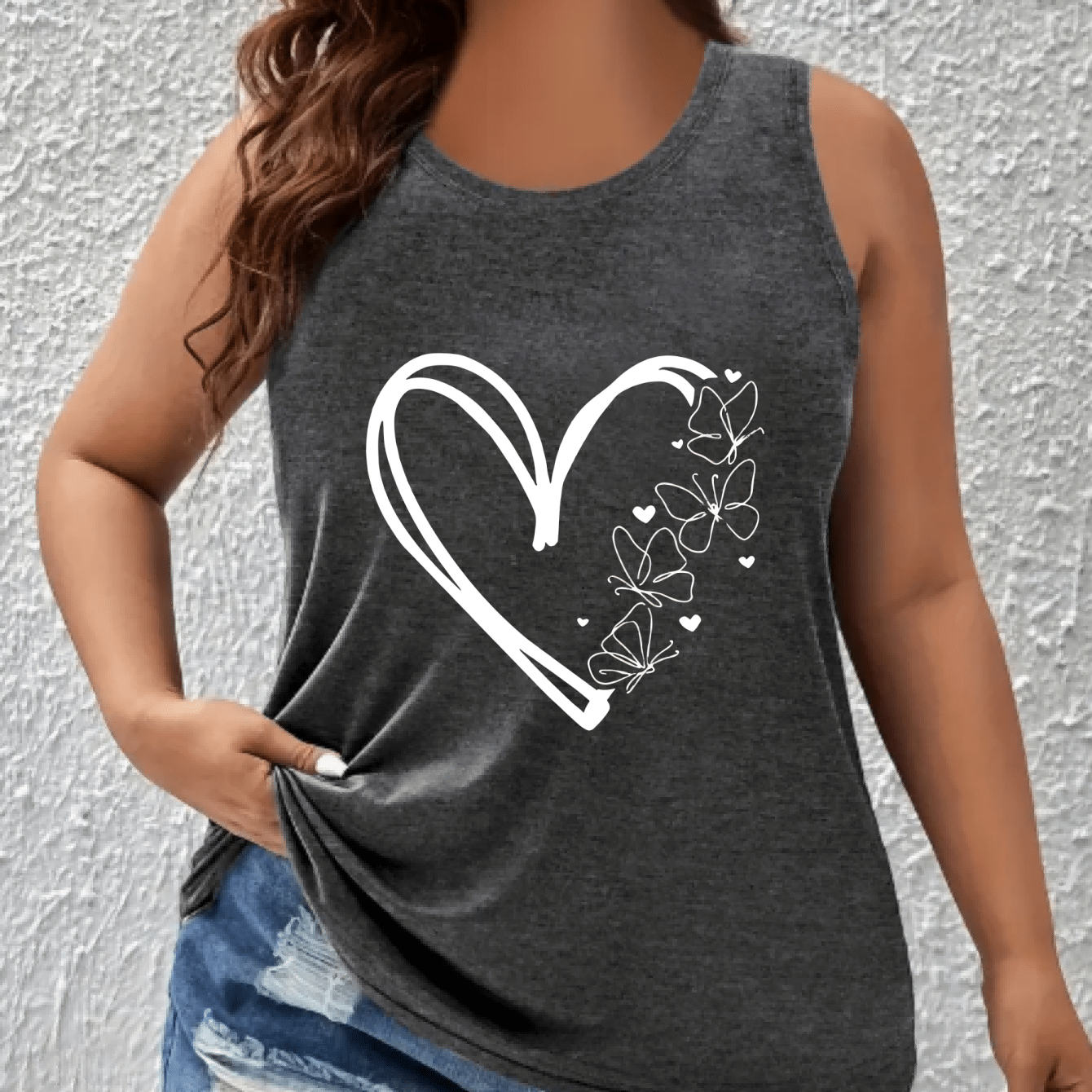 Plus Size Womens Navy Blue Tank Top with Heart and Butterfly Design Sleeveless Activewear