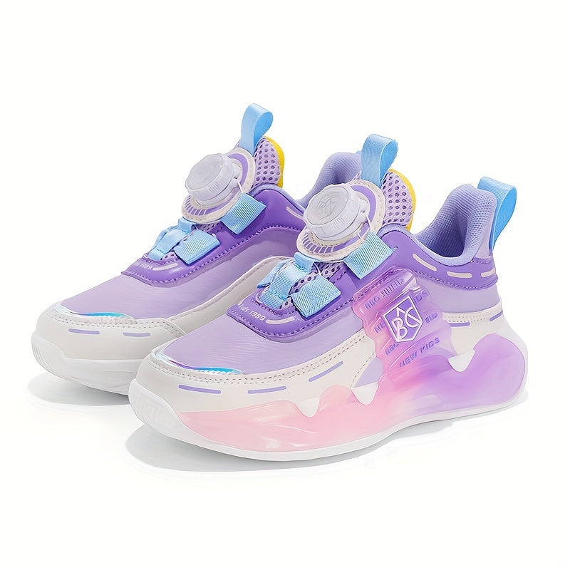 Girls Casual Platform Sneakers with Rotating Button Shock-Absorbing Running Basketball Shoes