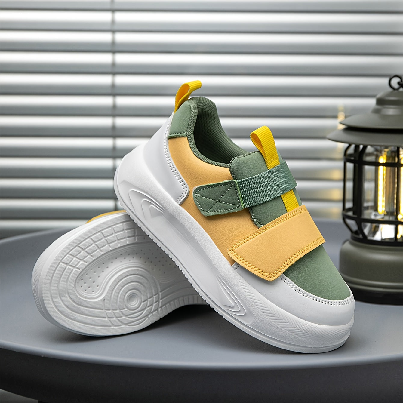 Kids' Color-Block Sneakers with Double Hook and Loop Closure for Boys and Girls White Green Yellow Low-Top Casual Athletic