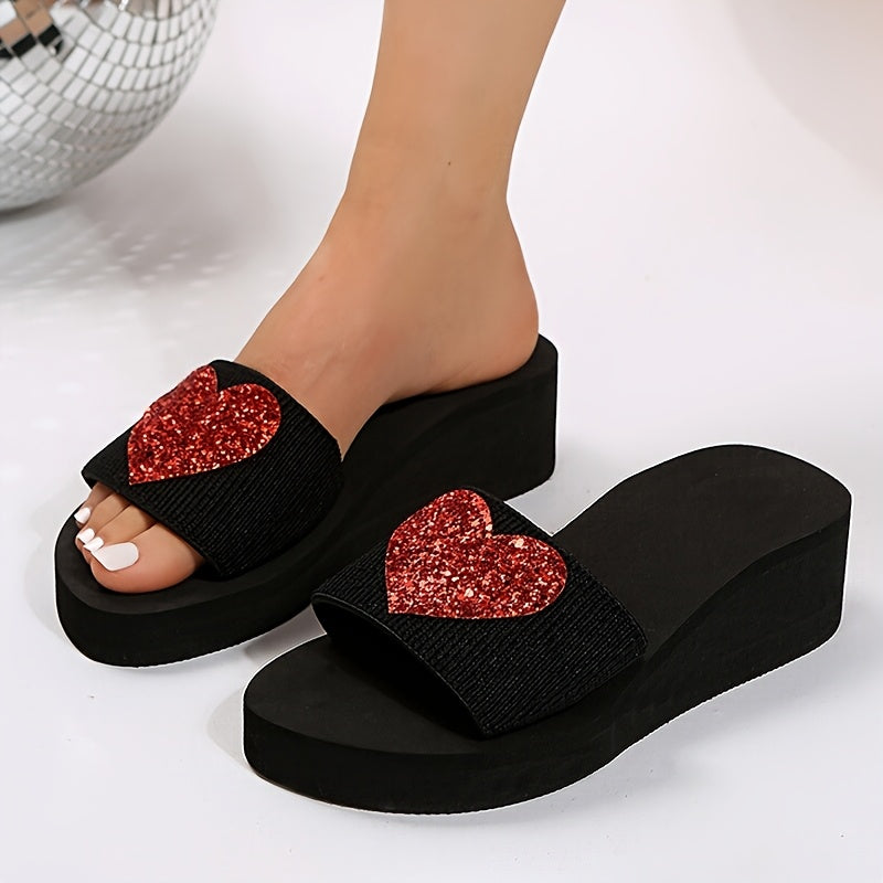 Women's Black Platform Sandals with Green Glitter Heart Open Toe Slip-On