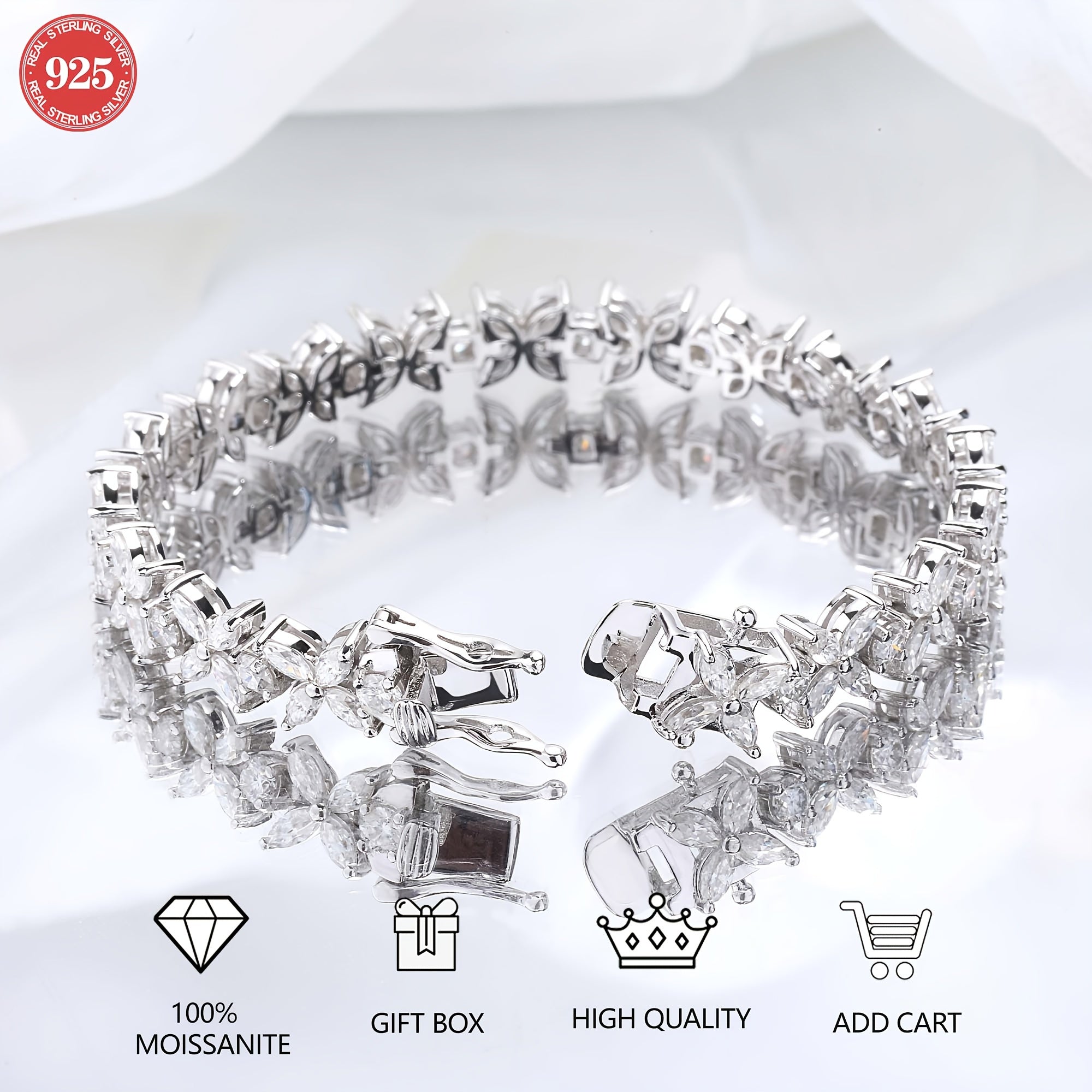 Silver Butterfly Bracelet with Moissanite Stones 2MM Plated in Platinum
