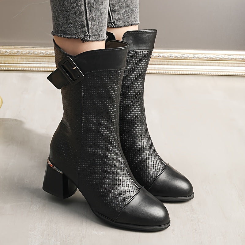 Women's Fleece-Lined Winter Mid-Calf Boots Slip-Resistant Hex Pattern Black