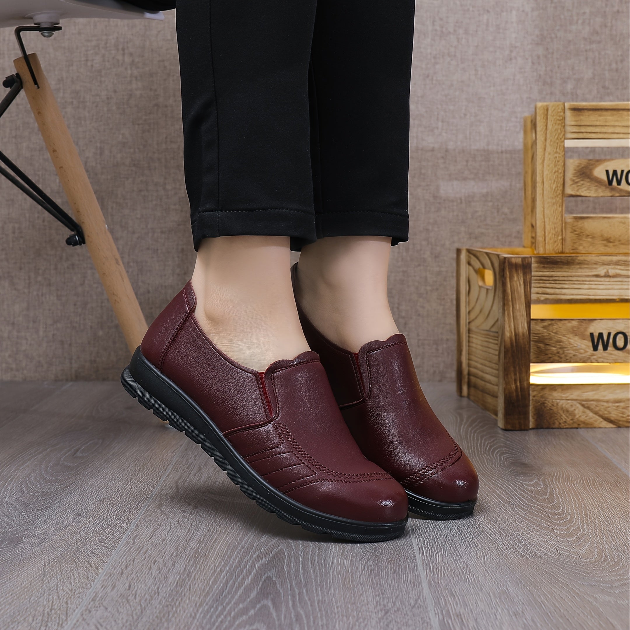 Women’s Vegan PU Penny Loafers Slip-On Round Toe Office Party Shoes Maroon Black Sole