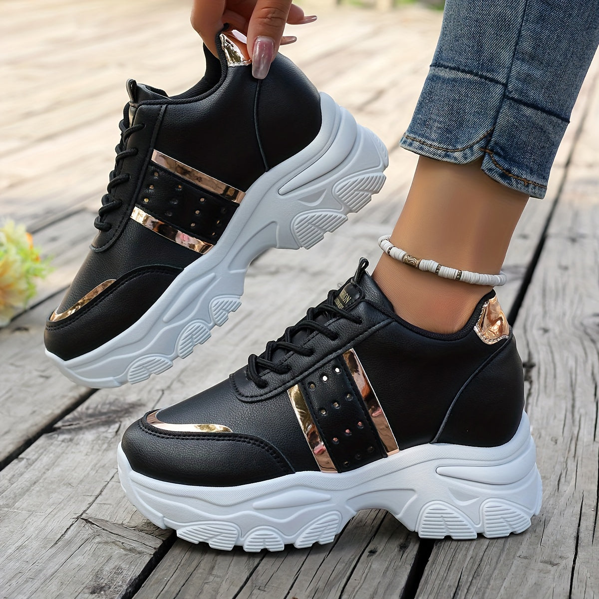 Women's White and Gold Platform Sneakers in Large Size 42 with 8cm Height Boost
