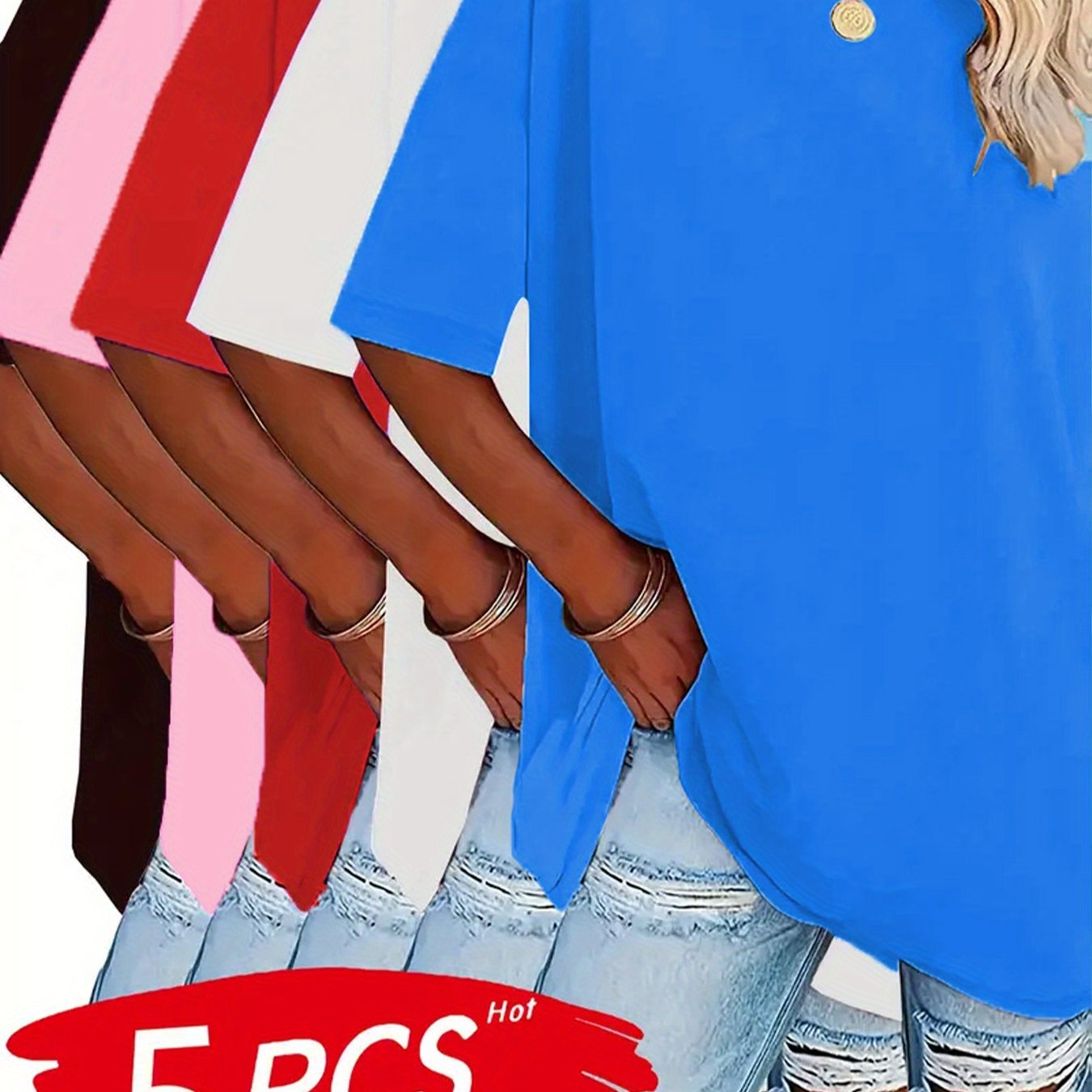 Women's Plus Size Summer T-Shirts Short Sleeve Casual Tops Black White Red Pink Blue 5 Pack