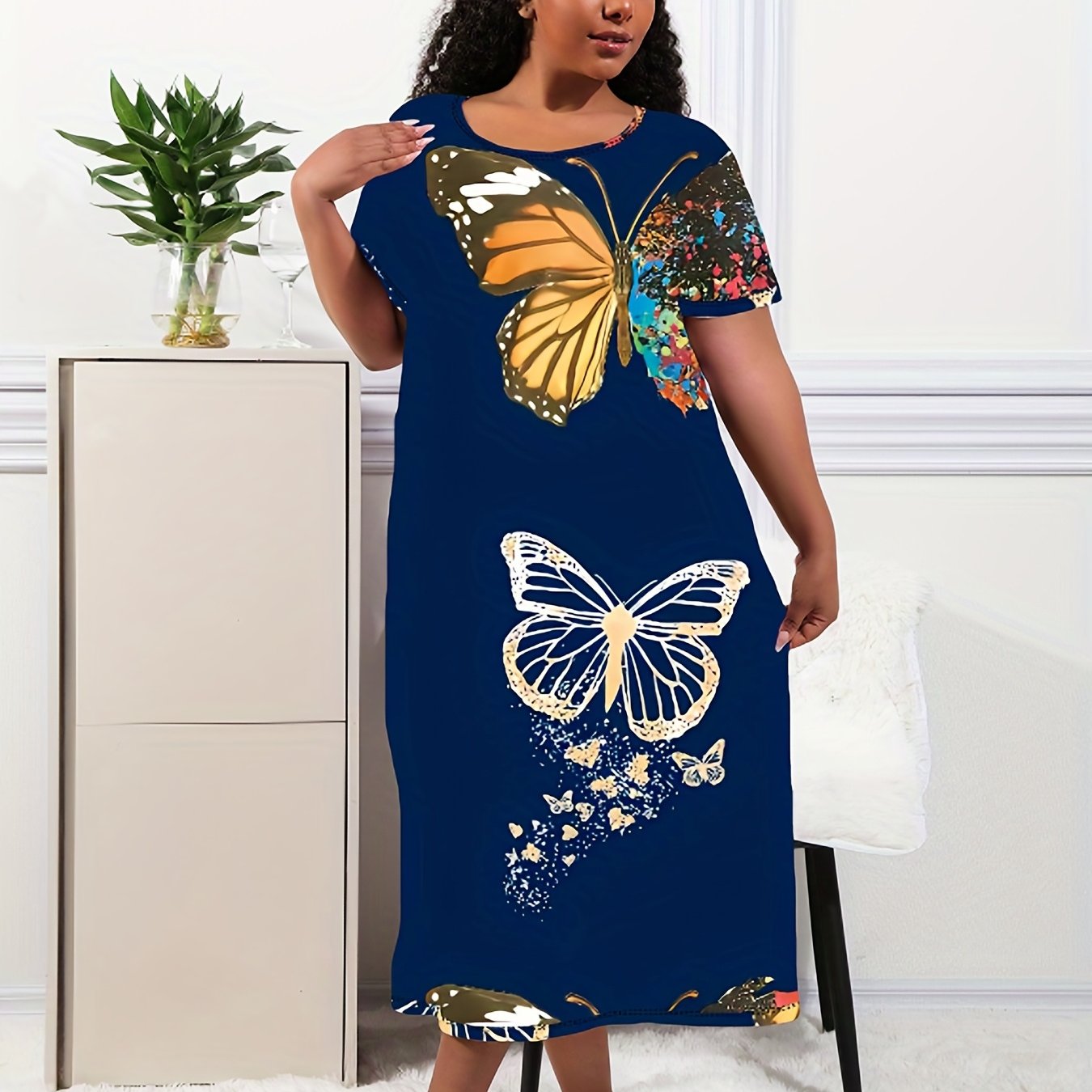 Women's Plus Size Lounge Dress Butterfly Print Short Sleeve Nightdress