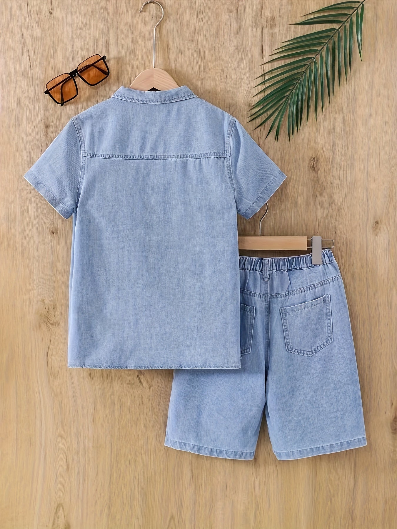 Boy's Summer Denim Outfit Short Sleeve Shirt Ripped Shorts Cotton Blend