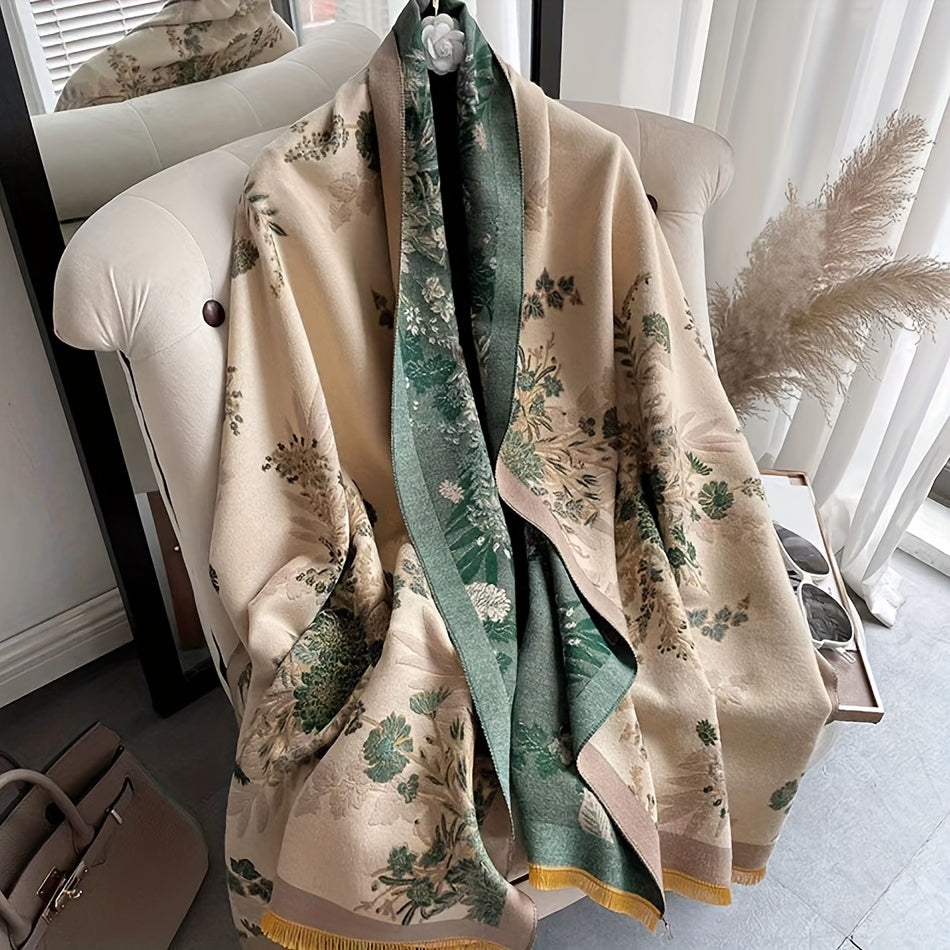 Women's Autumn Winter Windproof Blanket Scarf Double-Sided Jacquard Pattern Soft Warm Fringe Shawl