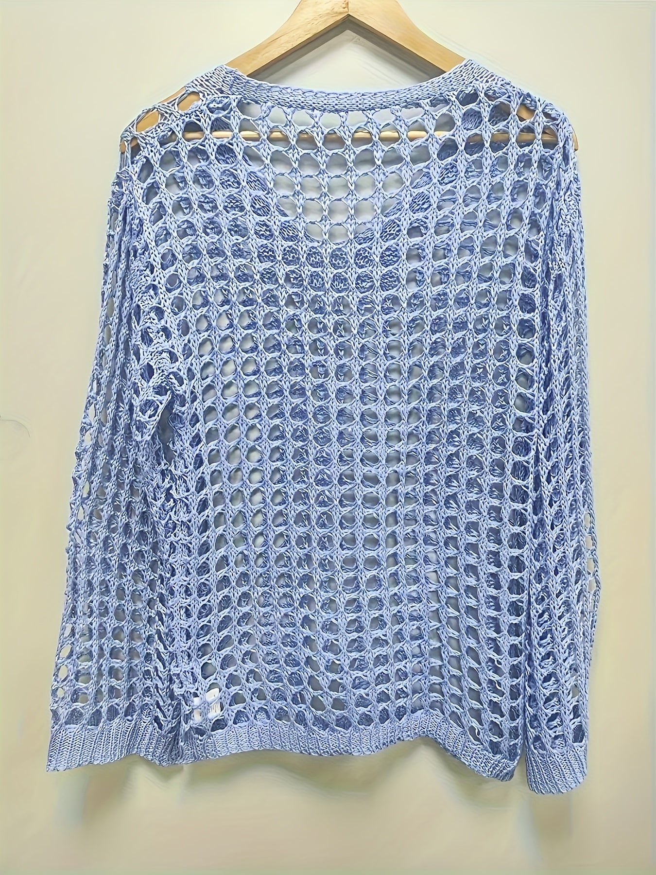 Plus Size Women's Blue Lace V-Neck Sweater Openwork Lightweight Summer Resort Wear