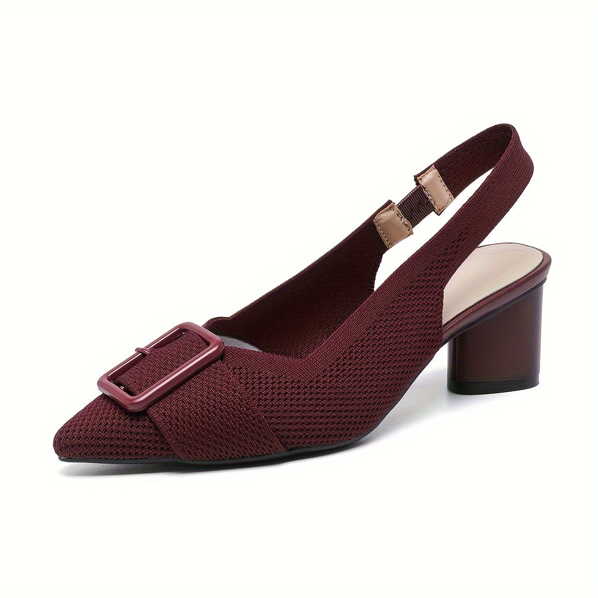 Women's Mid-Heel Pumps with Breathable Knit, Pointed Toe, Slip-On, Chunky Heel