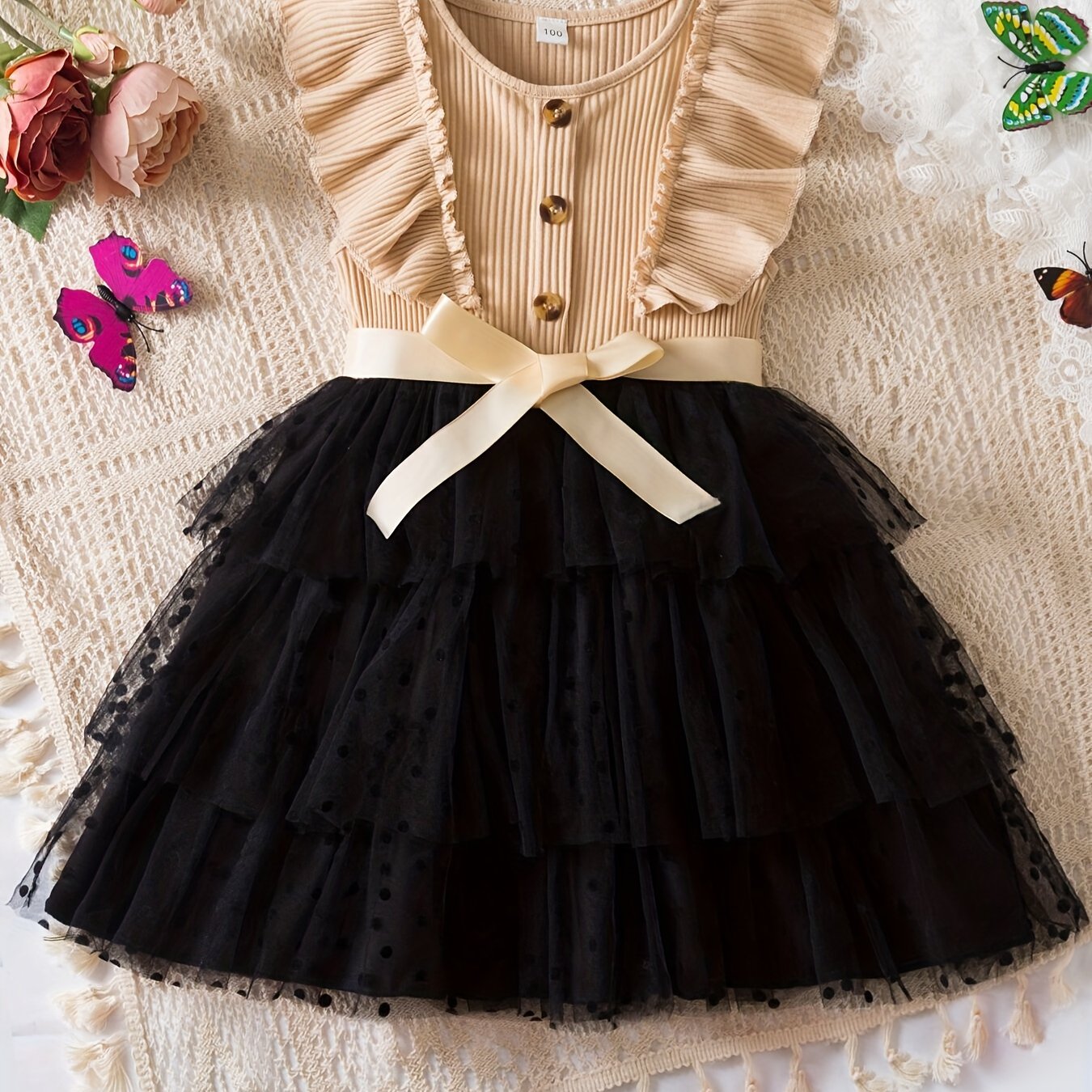 Kids Girls Summer Polka Dot Tulle Princess Dress A-Line Fairy Style Button Accents Non-Stretch Polyester