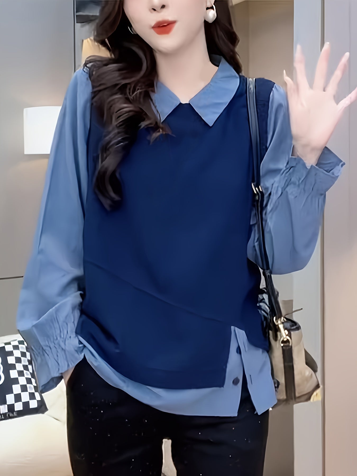 Women's Slim Fit Faux Two-Piece Pullover Shirt Patchwork Design