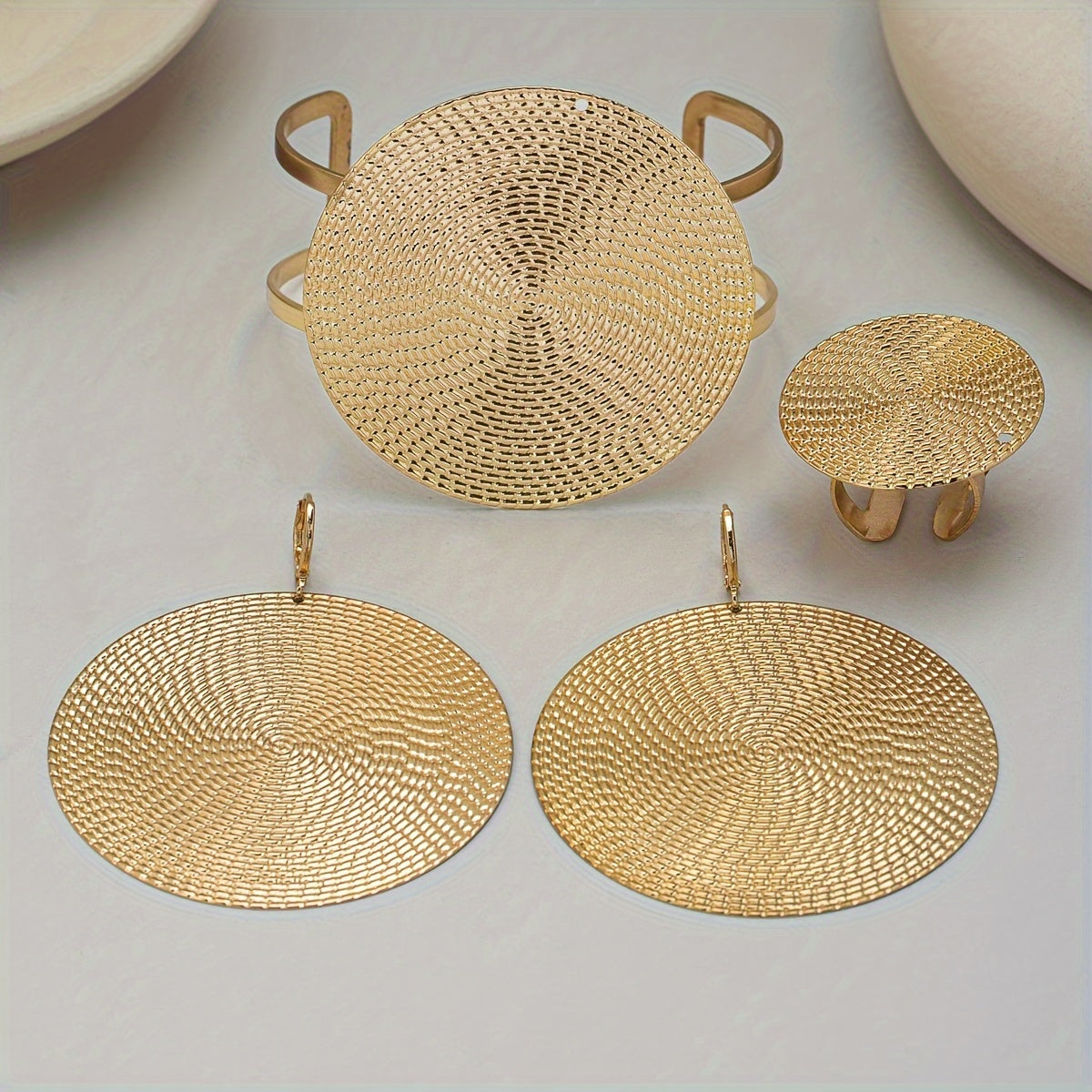 Retro Chic 4-Piece Jewelry Set Oversized Disc Earrings Ring Bracelet Iron Unplated Statement Accessories