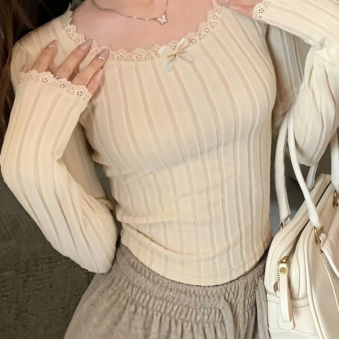 Women's Long Sleeve Ribbed Knit Top with Bow Detail Solid Color Spring Fall