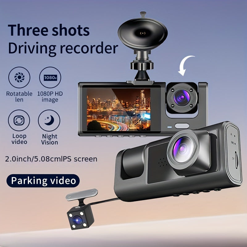 3-Camera Dash Cam 1080P Night Vision Wide-Angle Interior Front Car Recorder