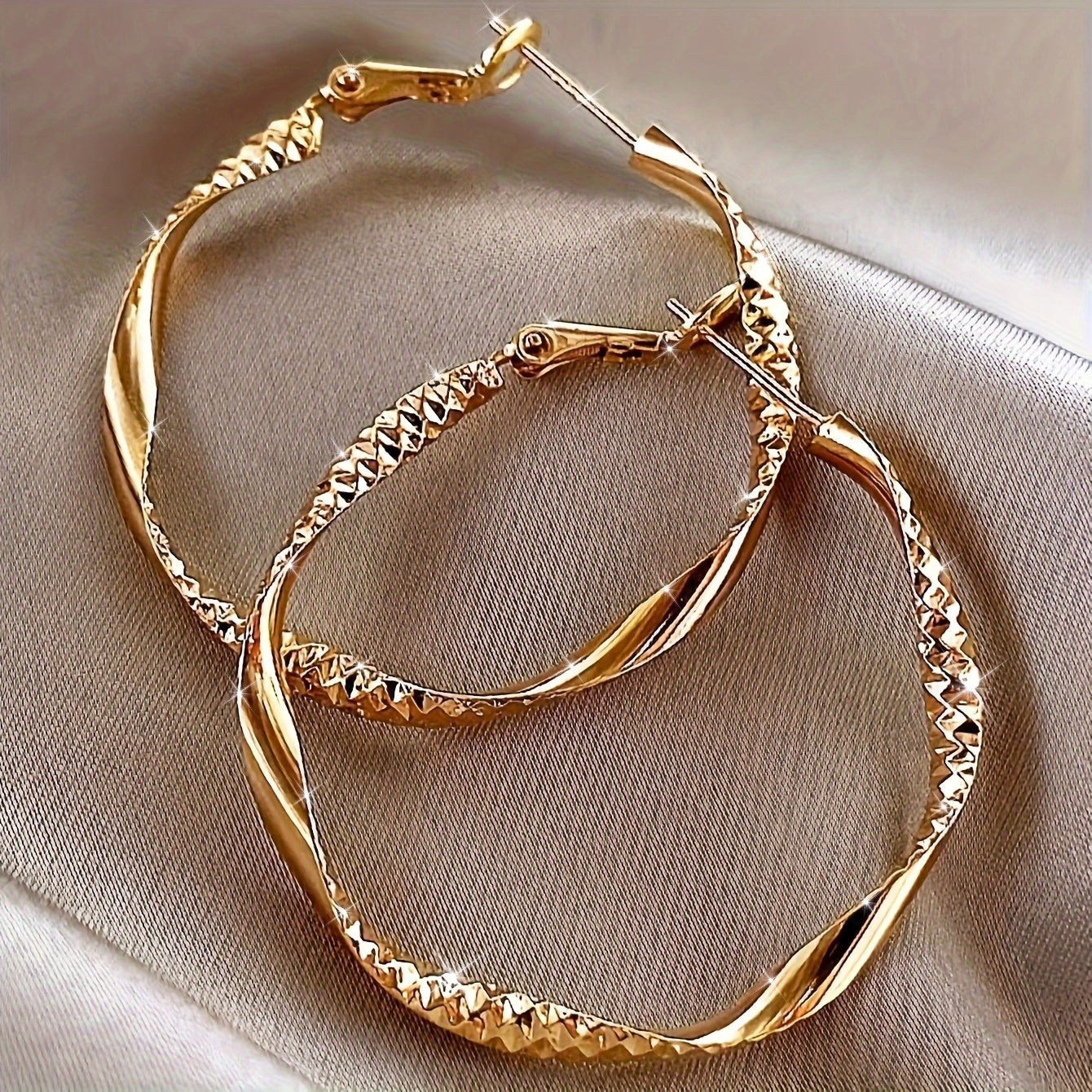 Women Twisted Gold-Tone Hoop Earrings Textured Sparkling Accents