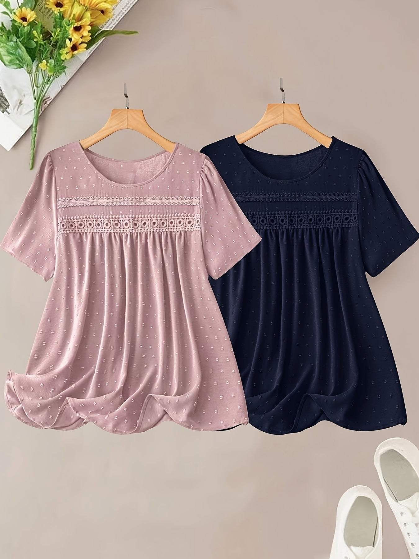 Ayollar uchun katta o'lchamli korsetli chiroyli chiziqli bluz va shortlar to'plami, pastel pushti va ko'k, kundalik zamonaviy