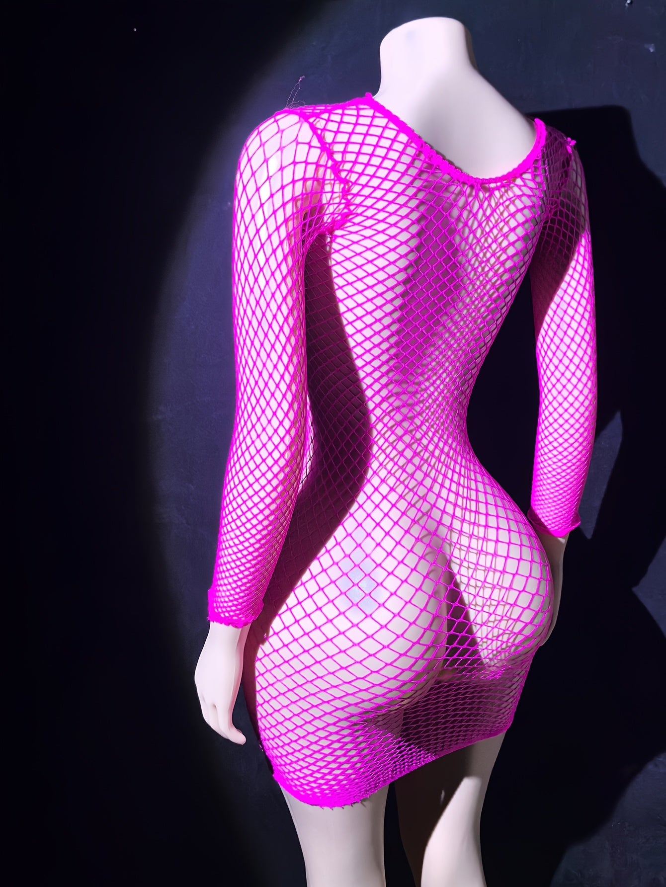 Pink Fishnet Lingerie Dress with Long Sleeves Hollow Out Design Stretchy Nylon for Valentine's Day