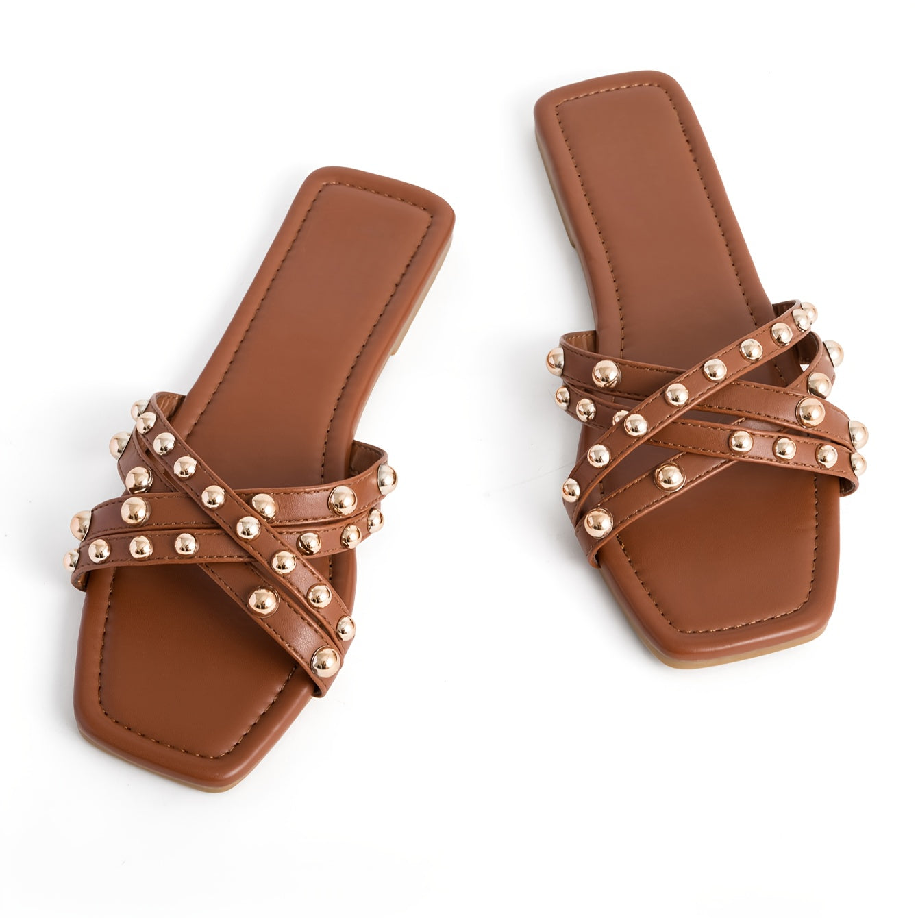 Women's Summer Rivet Embellished Square Toe Flat Sandals Casual Slip-On Open Toe Shoes