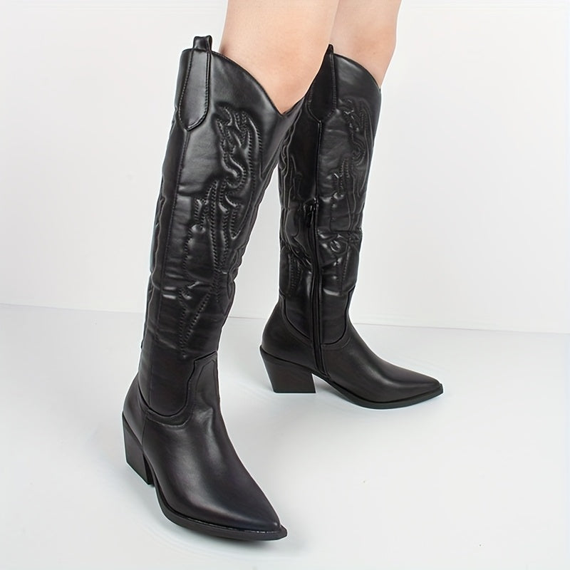Women’s Western Cowboy Boots Faux Cover Embroidered Knee-High Pointed Toe
