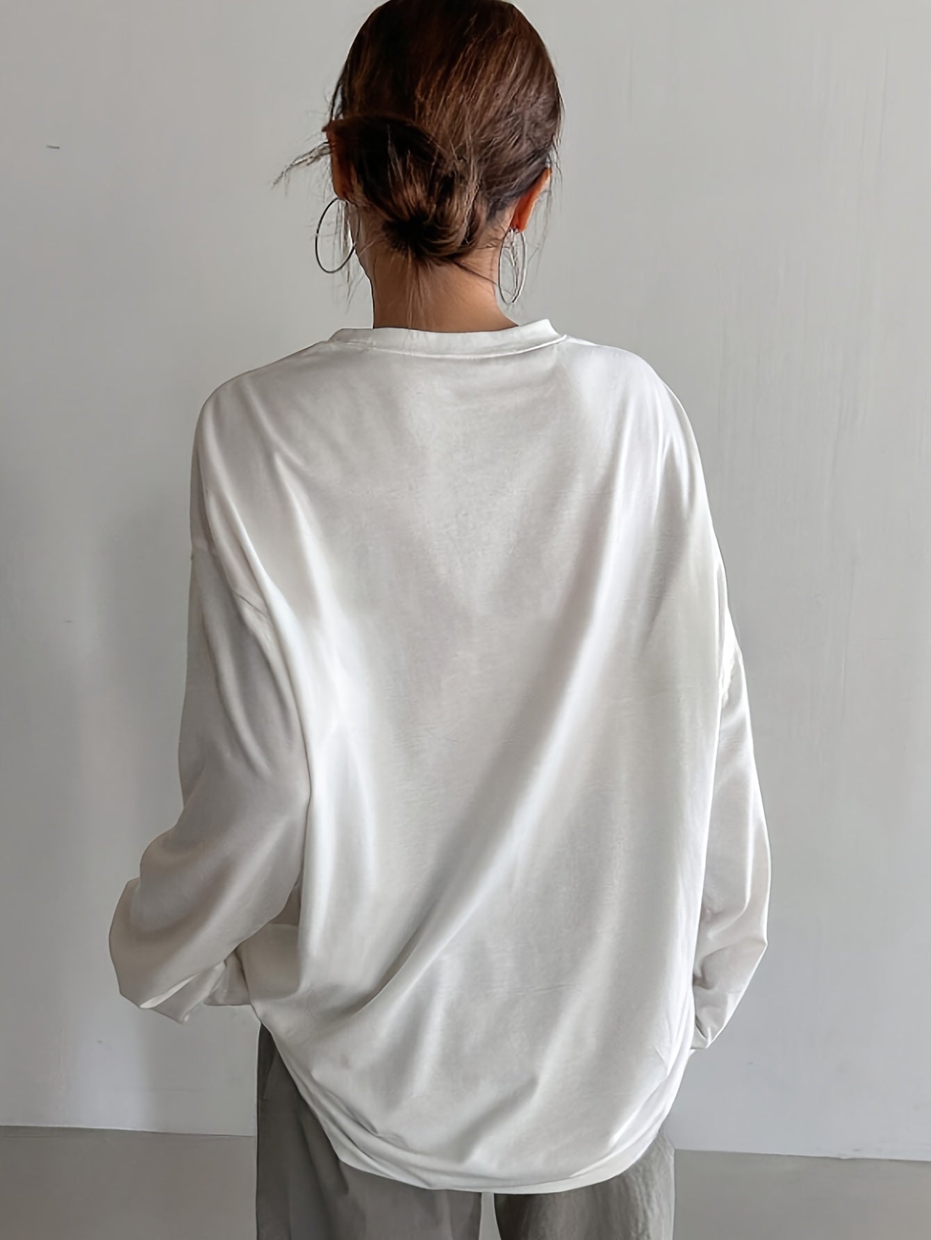Women's White Crew Neck Long Sleeve T-Shirt Polyester Viscose Elastane Casual Fall Winter