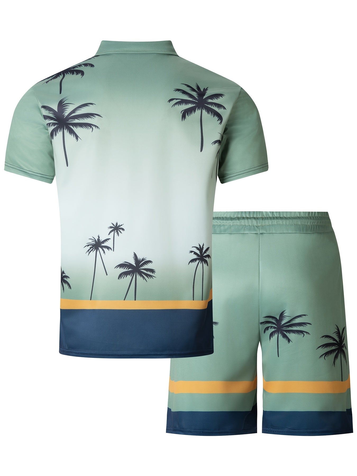 Men's Summer Knit Polyester Palm Tree Print Shirt and Shorts Set Zipper Turn-Down Collar Casual Beachwear