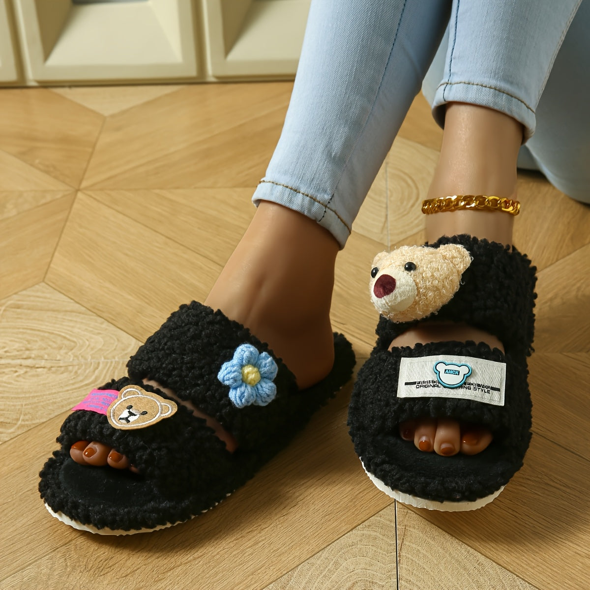 Women's Plush Cartoon Bear Slippers EVA Lightweight Open-Toe Indoor Shoes Black