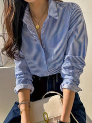 Women's Striped Button Front Long Sleeve Shirt for Spring and Fall