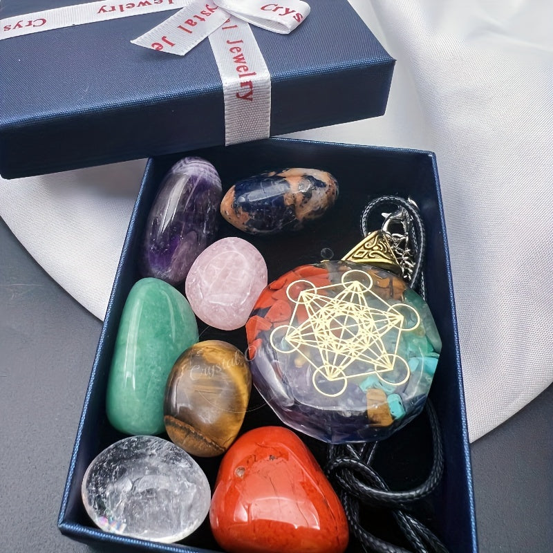 Set of 8 Natural Stone Pendants with Necklace Gift Box for Men and Women