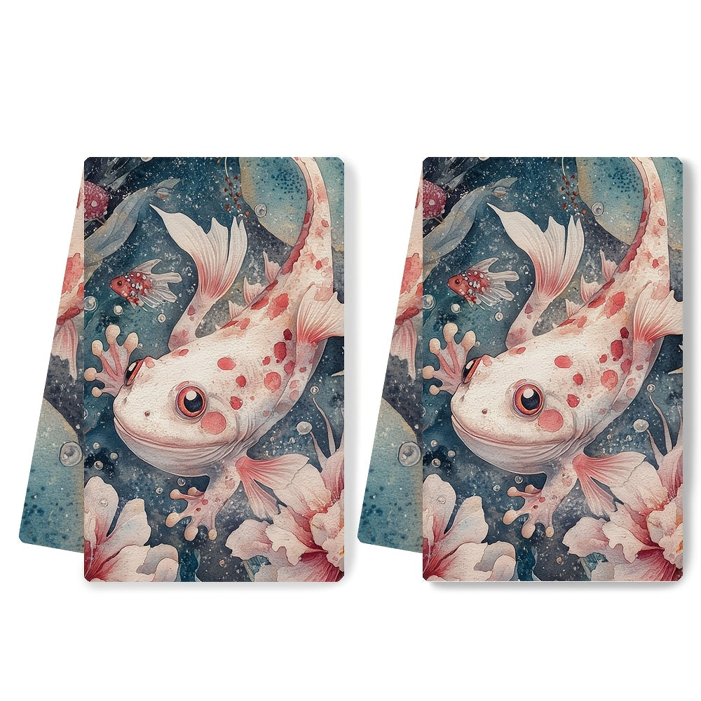 Set of 2 Ultra Soft Kitchen Towels with Axolotl and Floral Design, 40x60 cm