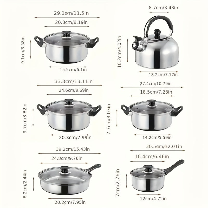 Набор посуды из нержавеющей стали из 12 предметов с антипригарным покрытием, чайник, совместим со всеми плитами