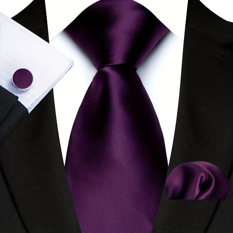 Men's Set of 3 Plain Color Ties with Square Handkerchief and Cufflinks for Gifting