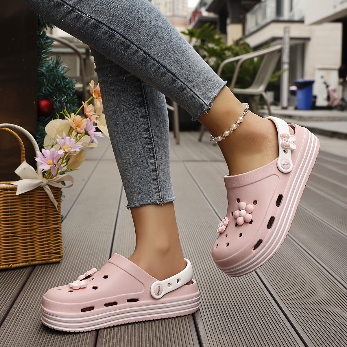 Women's Light Blue Floral Clogs with Thick Platform Breathable EVA