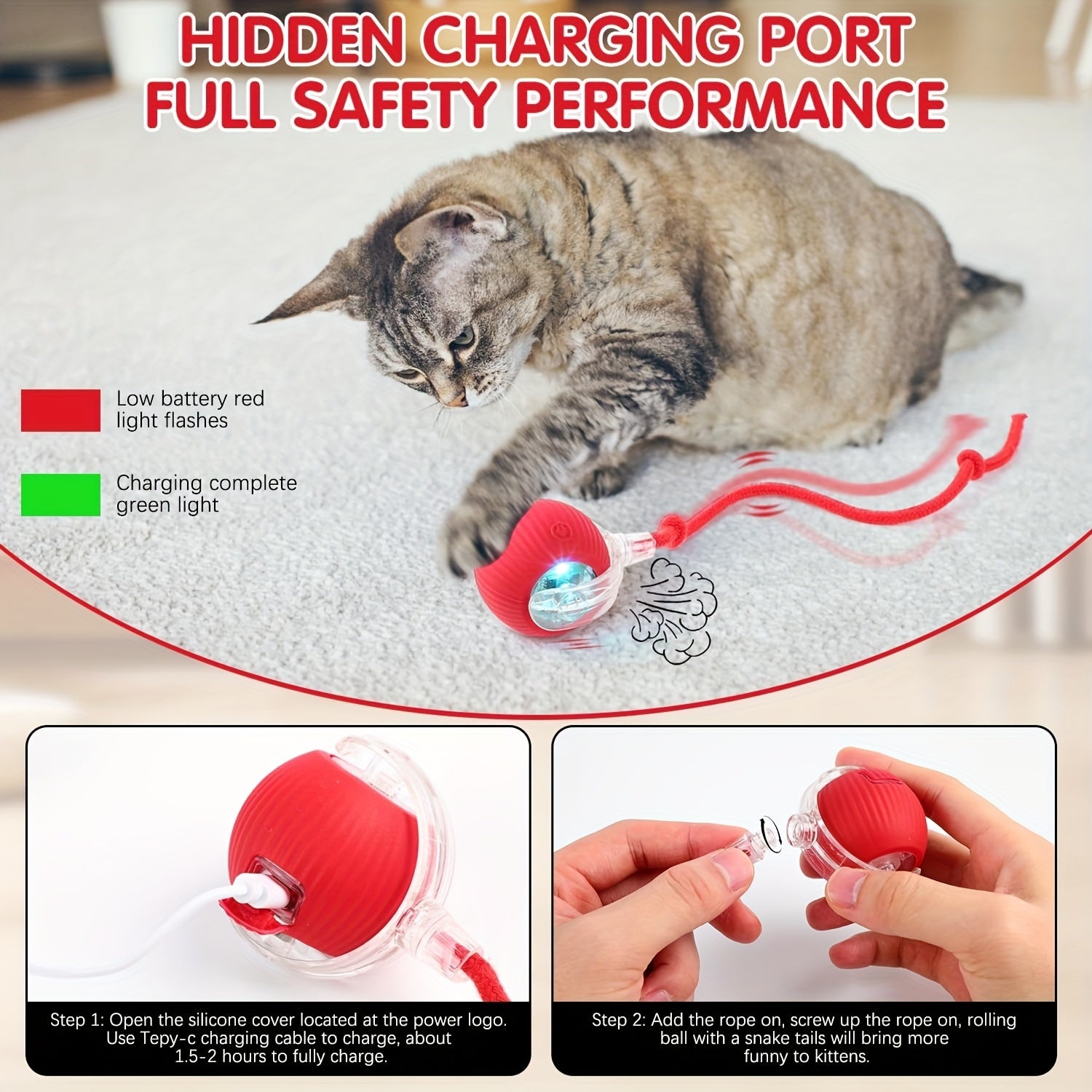 360° Interactive Pet Toy for Cats and Dogs Red Silicone Ball with Rope Handle USB Rechargeable