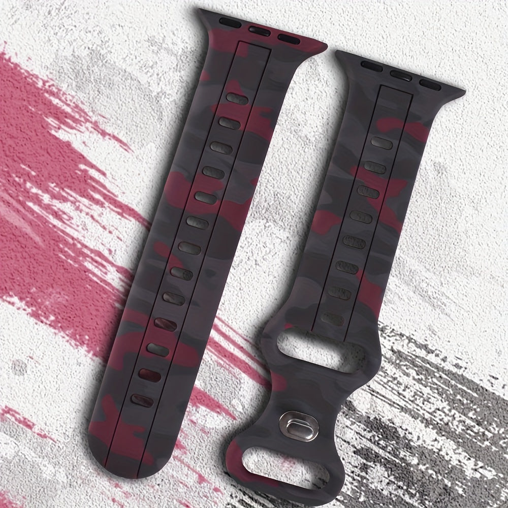 Ko'p rangli kamuflyaj silikondan yasalgan sport tasmasi IWatch Series 9-1 SE uchun, suv o'tkazmaydigan, terga chidamli, qulay, mustahkam, metall sozlash teshigi bilan, kapalak dumiga o'xshash dizayn.
