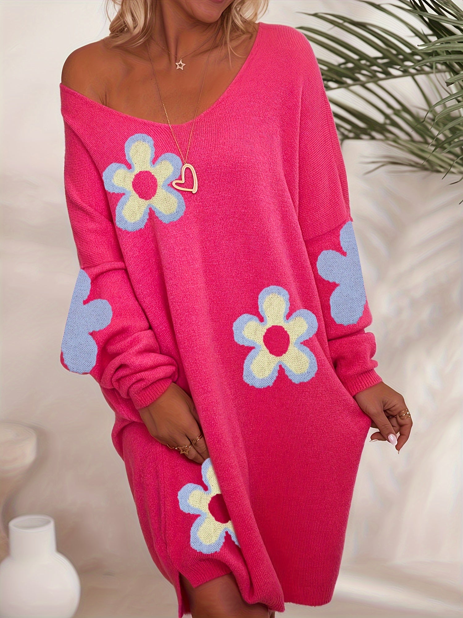 Plus Size Women's V-Neck Sweater Dress with Blue Floral Print Long Sleeve Knit Autumn Fall