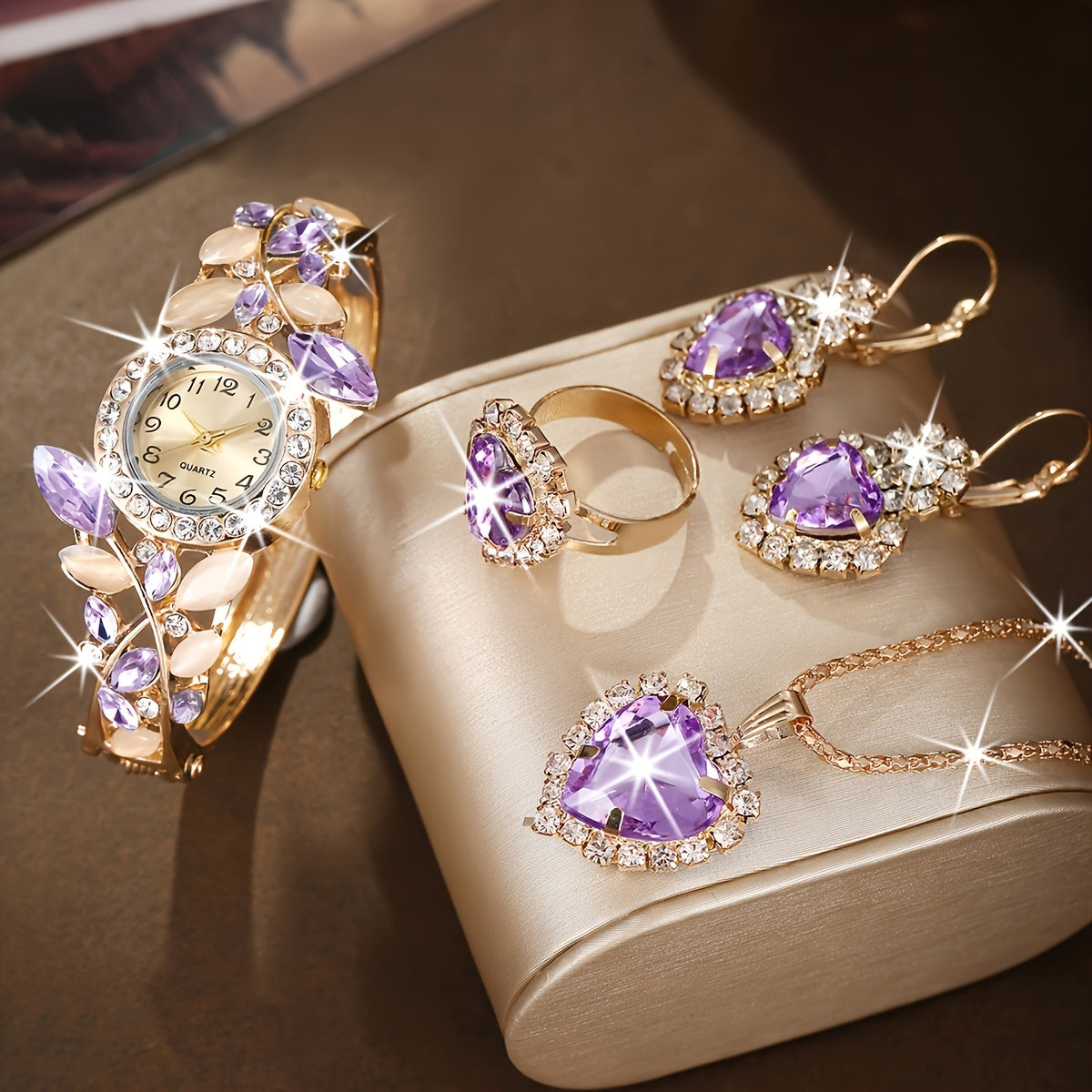 Women's Quartz Watch and Jewelry Set with Rhinestone Heart Necklace and Non-Alloy Band