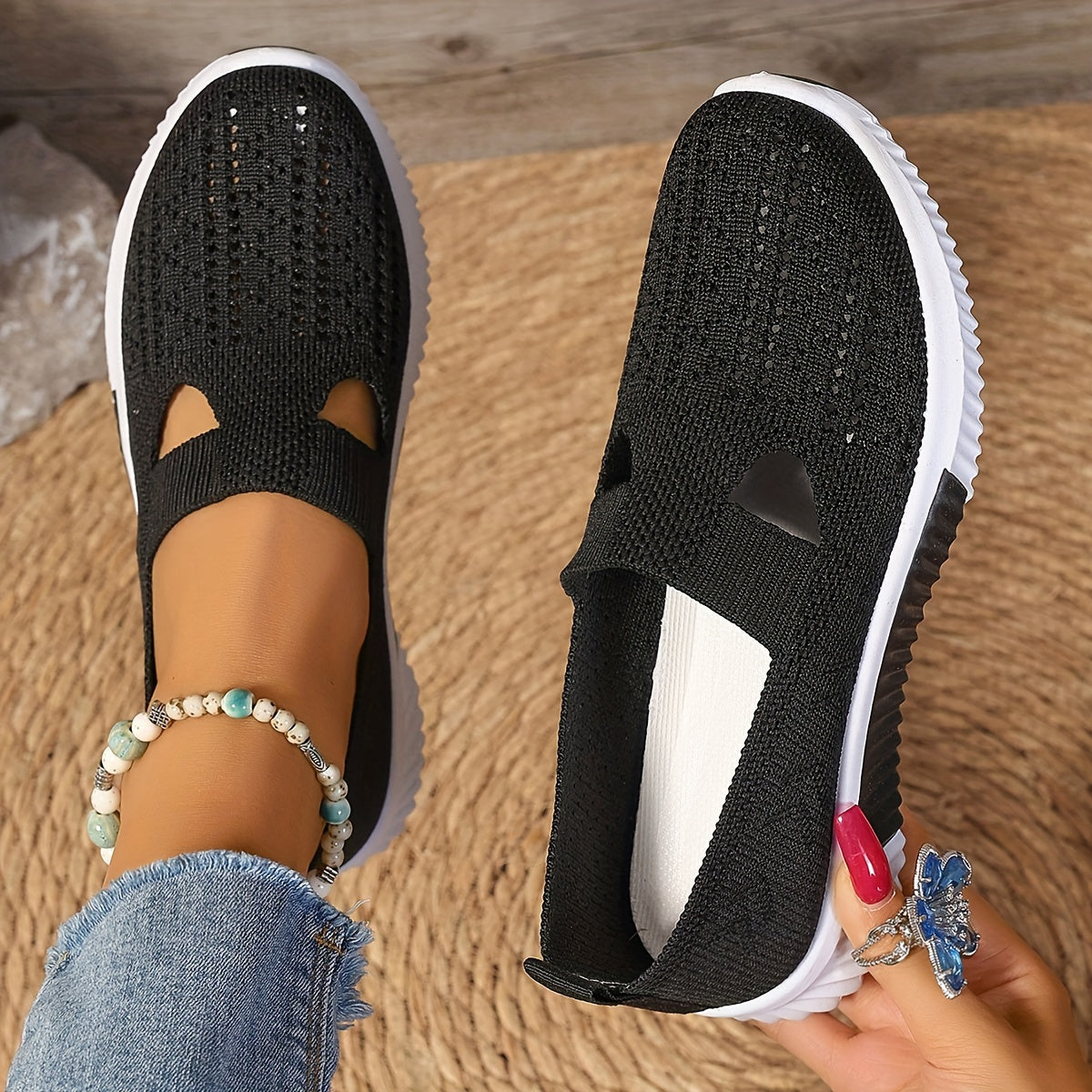 Women's Breathable Slip-On Sneakers Knit Fabric All-Season Walking Shoes