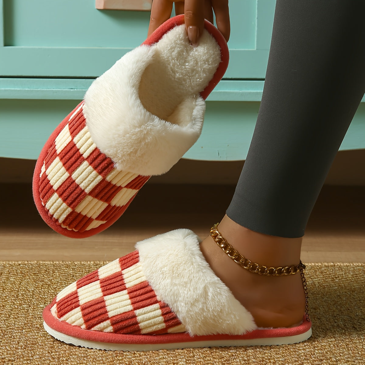 Women's Checkered Slip-On House Slippers Soft Fabric Plush Faux Fur