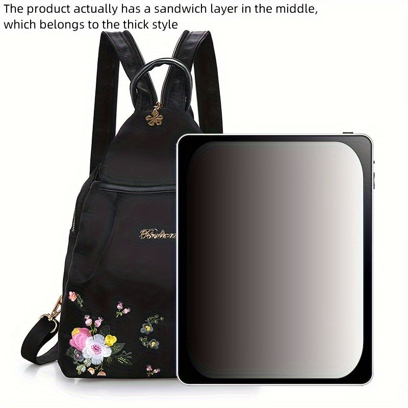 Nylon ayollar uchun ruksak, gullar bilan tikilgan, sozlanadigan kamarlar, qulaylik uchun qalin g'ovak qatlam, va zip yopilishi. Sayohat, ta'til, telefon, kalitlar va hamyon saqlash uchun ideal. Mavjud bo'lgan