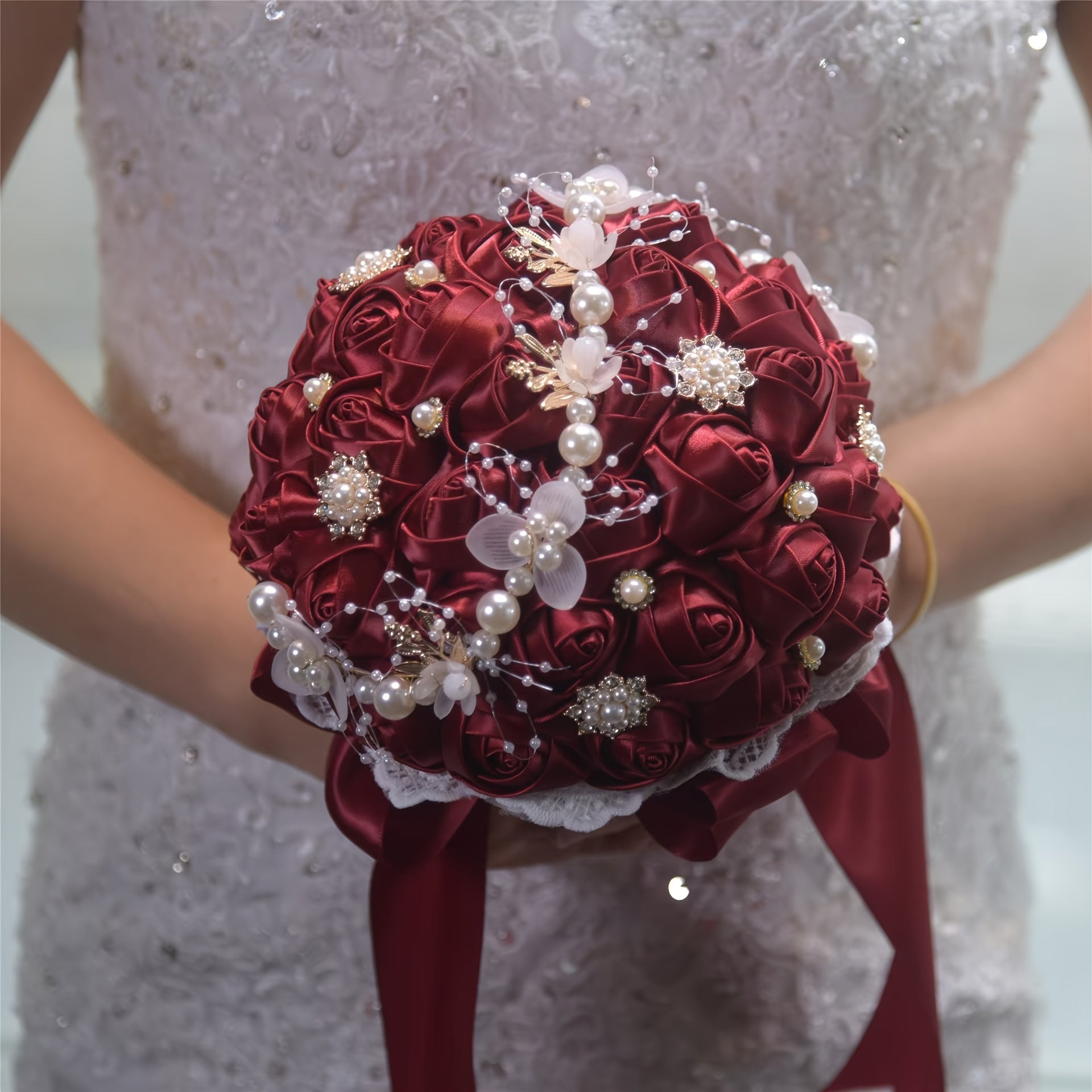 Satin Rose Wedding Bouquet Handcrafted Bridal Wrist Corsage Blue White for Bridesmaids and Events