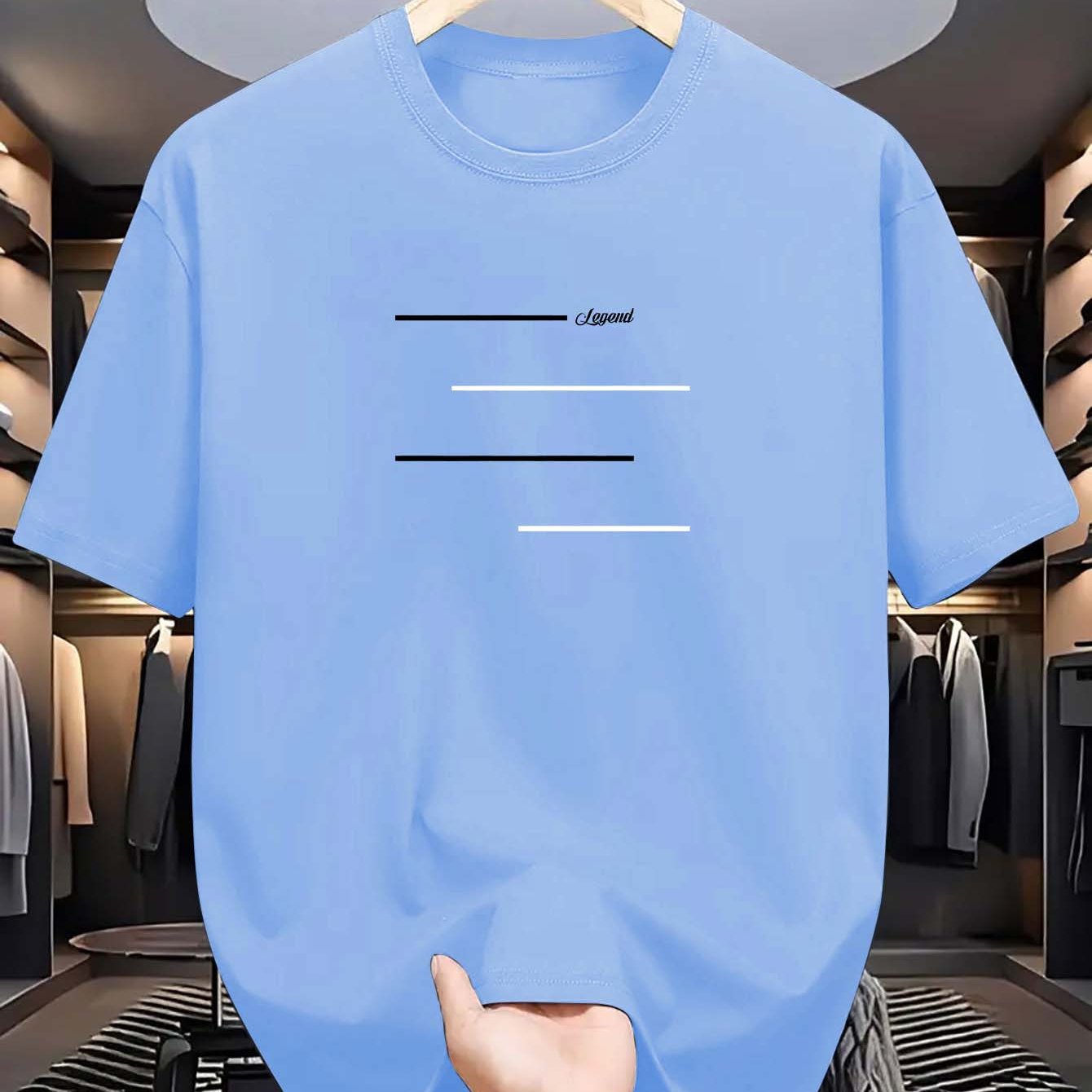 Erkaklar uchun tasodifiy chiziqli polyester T-ko'ylak, qisqa yenglar va dumaloq bo'yin bilan. Yozgi sarguzasht grafikasi mavjud, mashinada yuvish mumkin. Yozgi tasodifiy kiyim uchun mukammal.