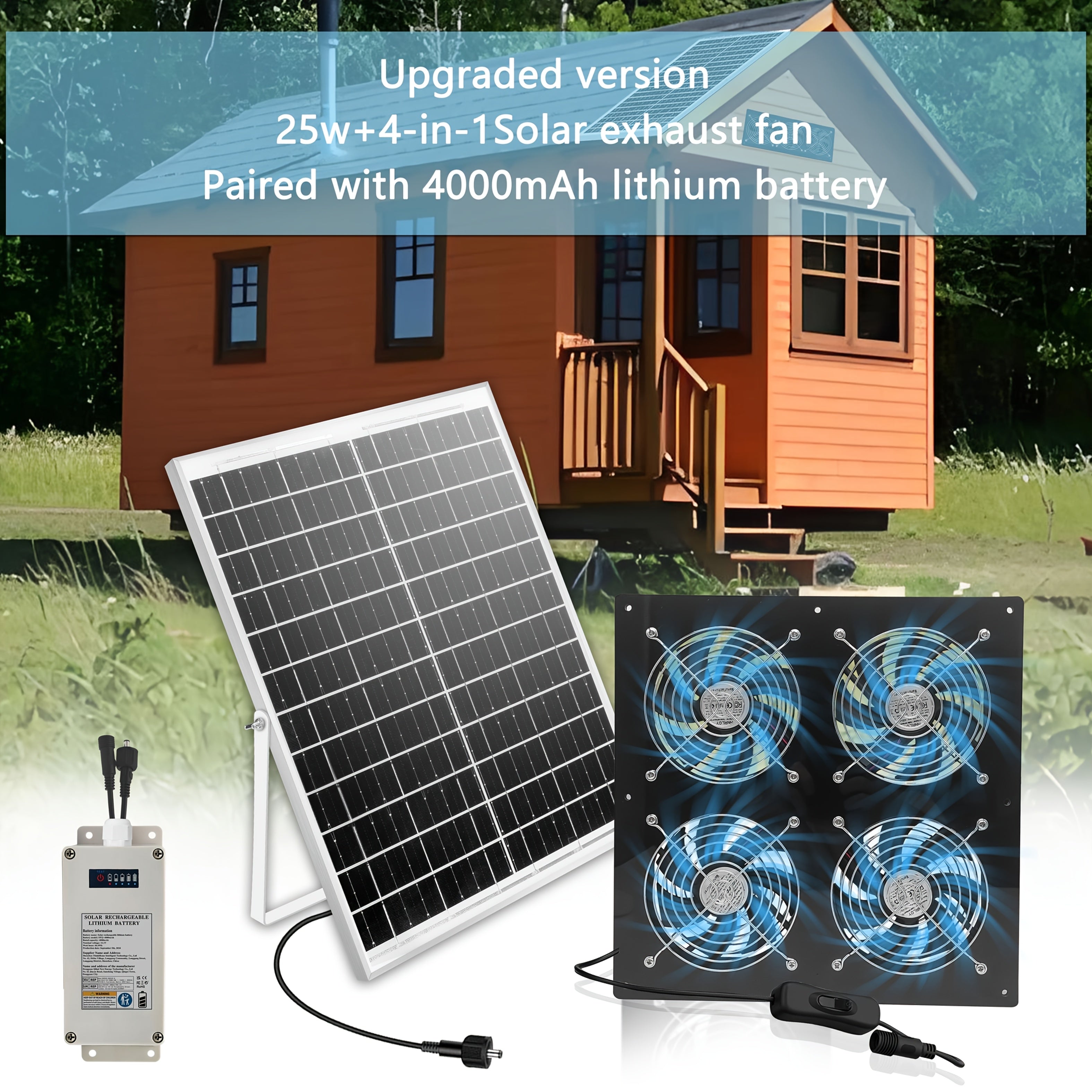 Quyosh energiyasi bilan ishlaydigan 25W ventilyator, litiy batareya bilan, it uylarida, issiqxonalarda va podvalda foydalanish uchun