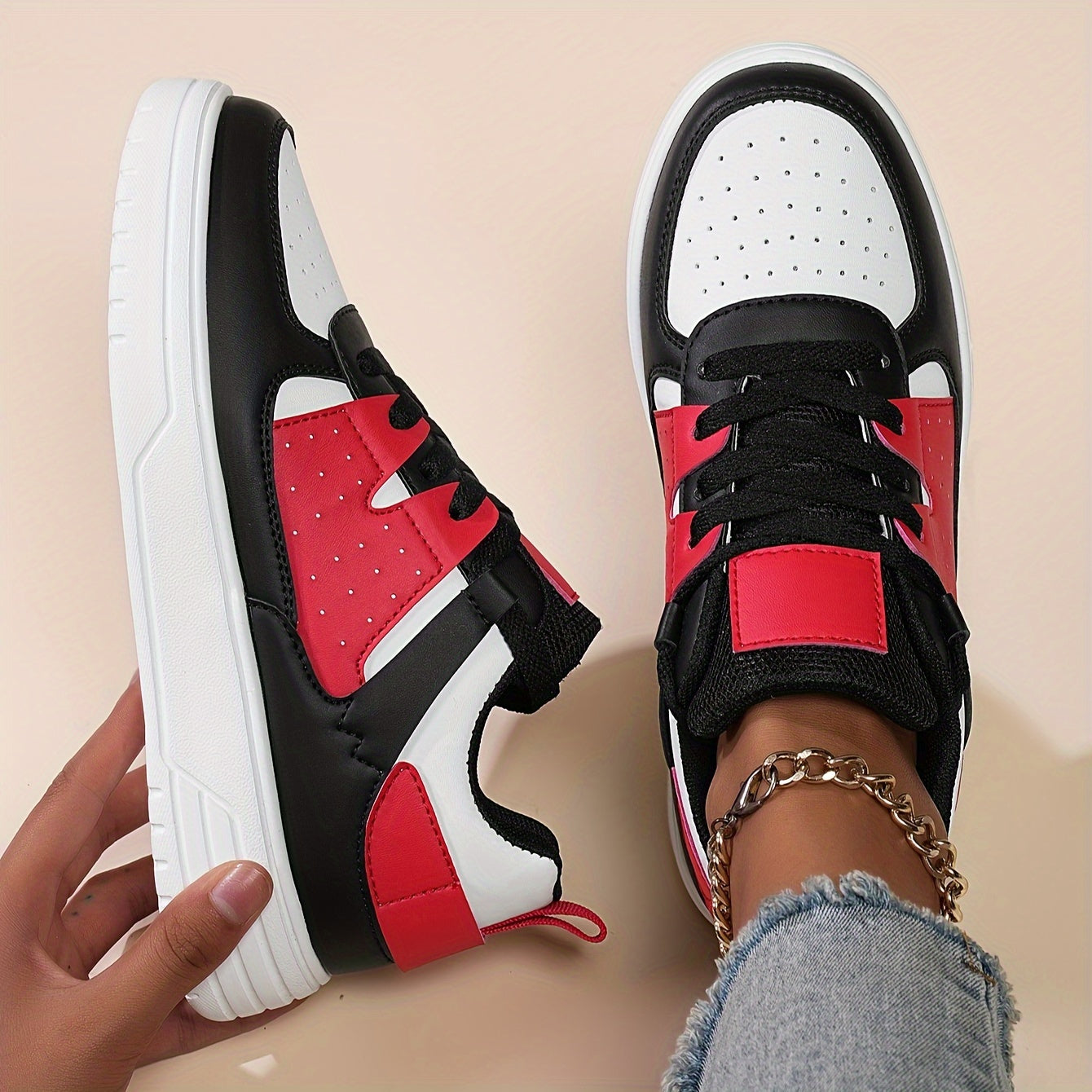 Women's Rose Pink Black Sneakers Breathable Comfortable Lace-Up Casual Shoes