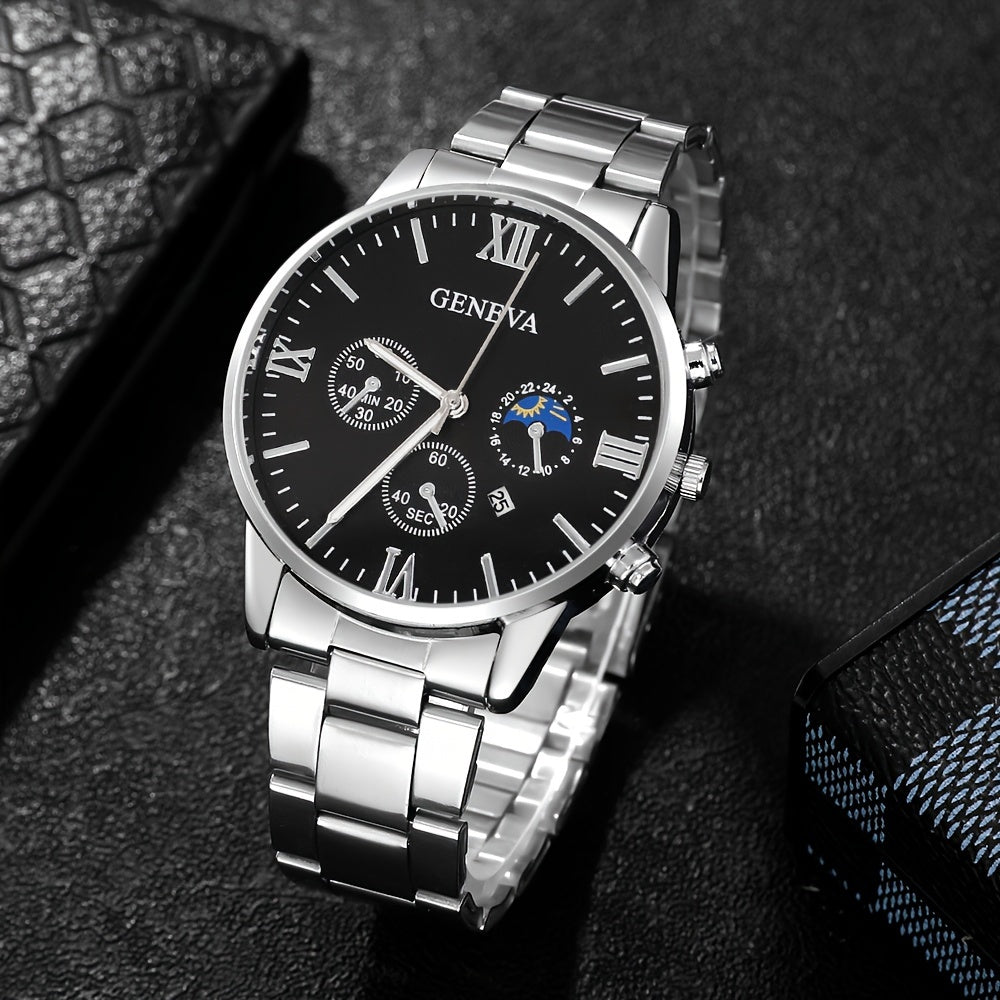 Men's Casual Watch and Jewelry Set with Silver Quartz Watch Cross Pendant Necklace Ring Bracelet