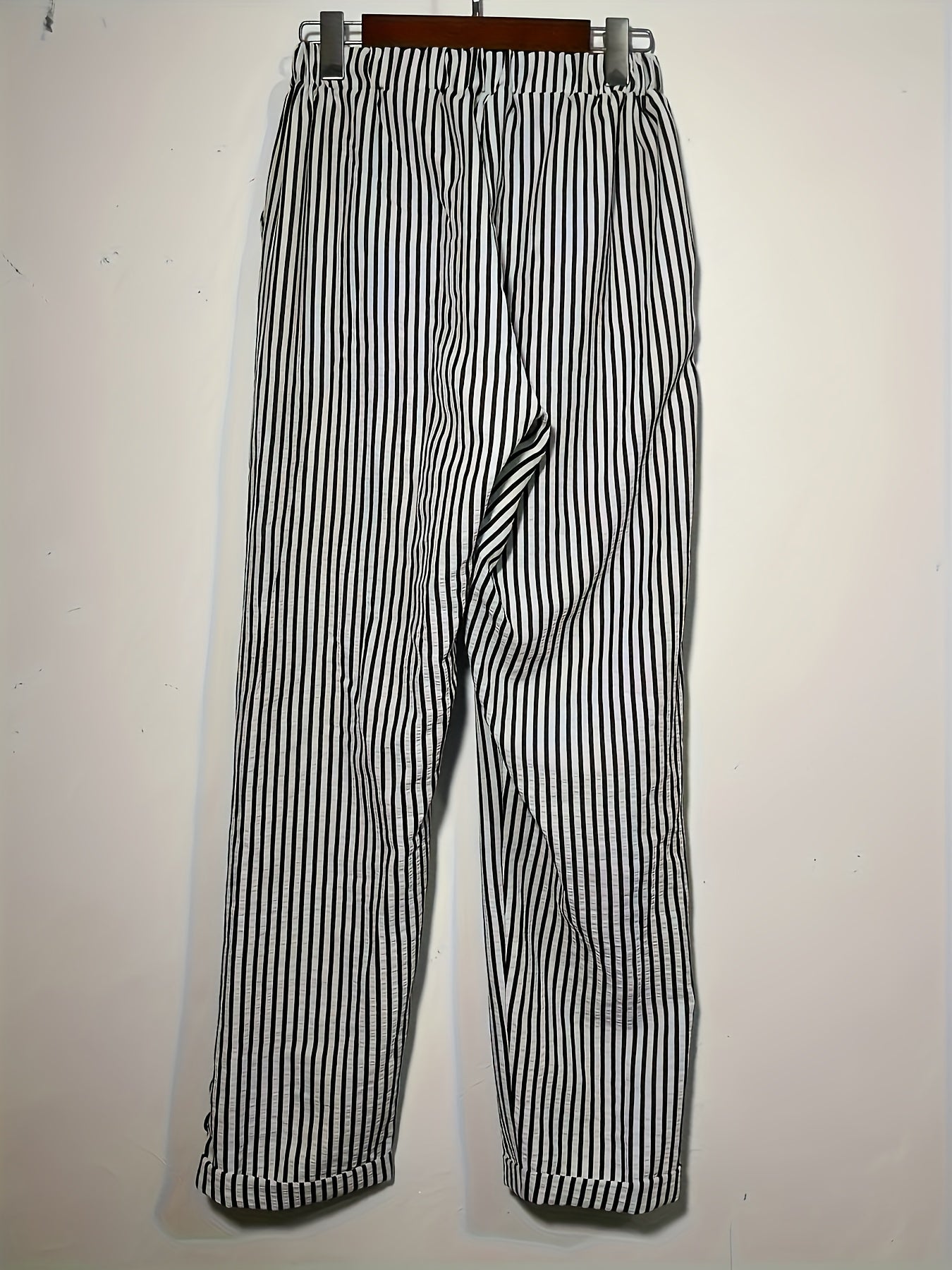 Women's Black And White Striped Cropped Pants Button Fly Straight Leg Casual Trousers