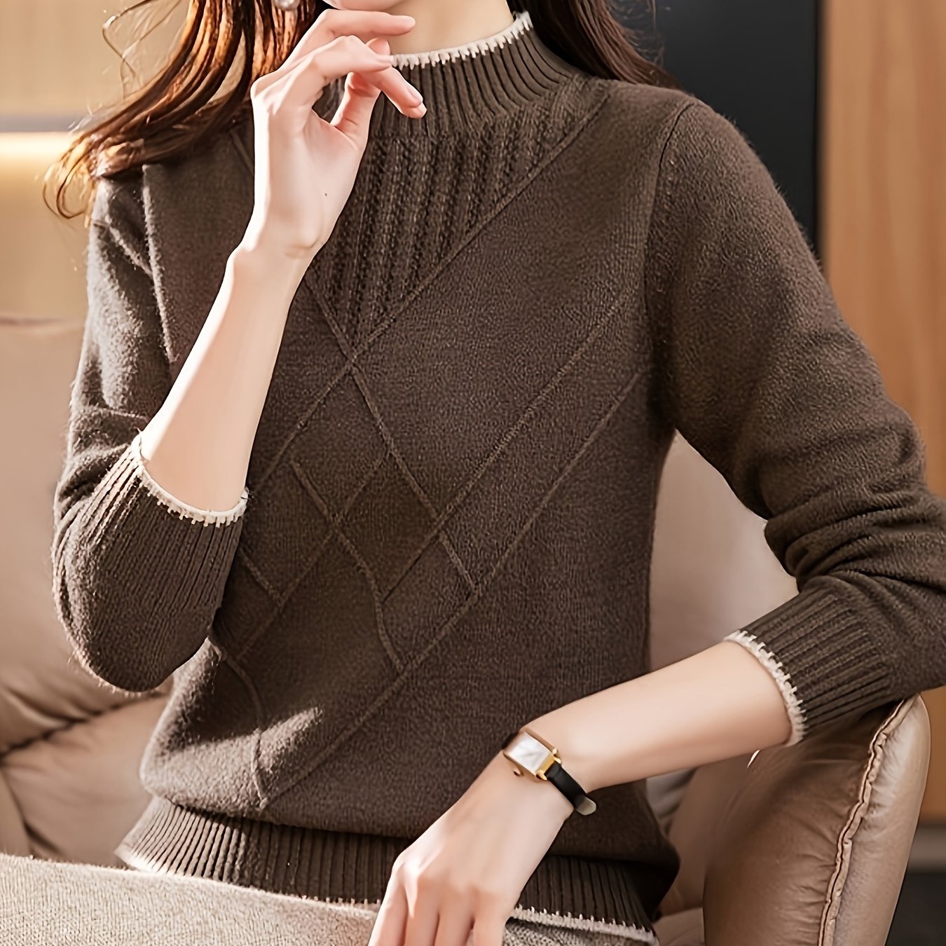 Plus o'lcham kontrastli chekka bilan pullover sviter uzun qolli turtleneck kuz qish ayollar uchun