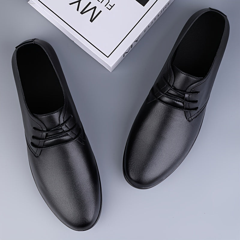 Zapatos de vestir de microfibra similar a cuero para hombre, color sólido, punta redonda, casual de negocios, bajo
