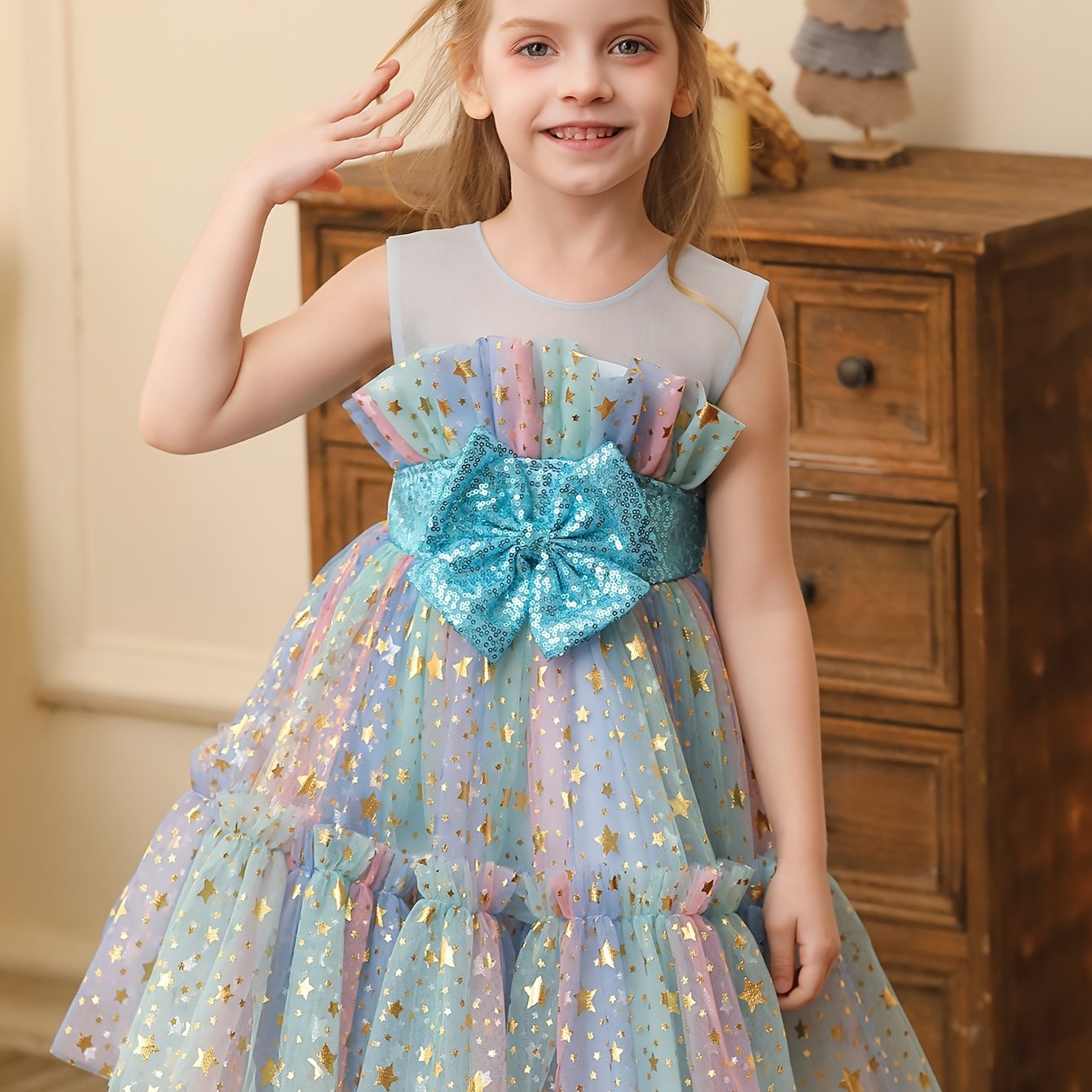 Girls Sequin Starry Sky Mesh Princess Dress with Bow for Birthday Parties